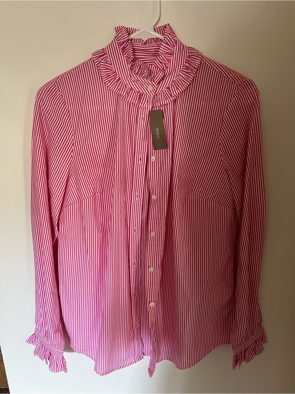 J. Crew Pink and White Striped Ruffle-Neck Blouse - Picture 2 of 4